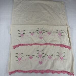 2 Vintage Pillowcases Hand Embroidered Pink Hearts & Crocheted Hem